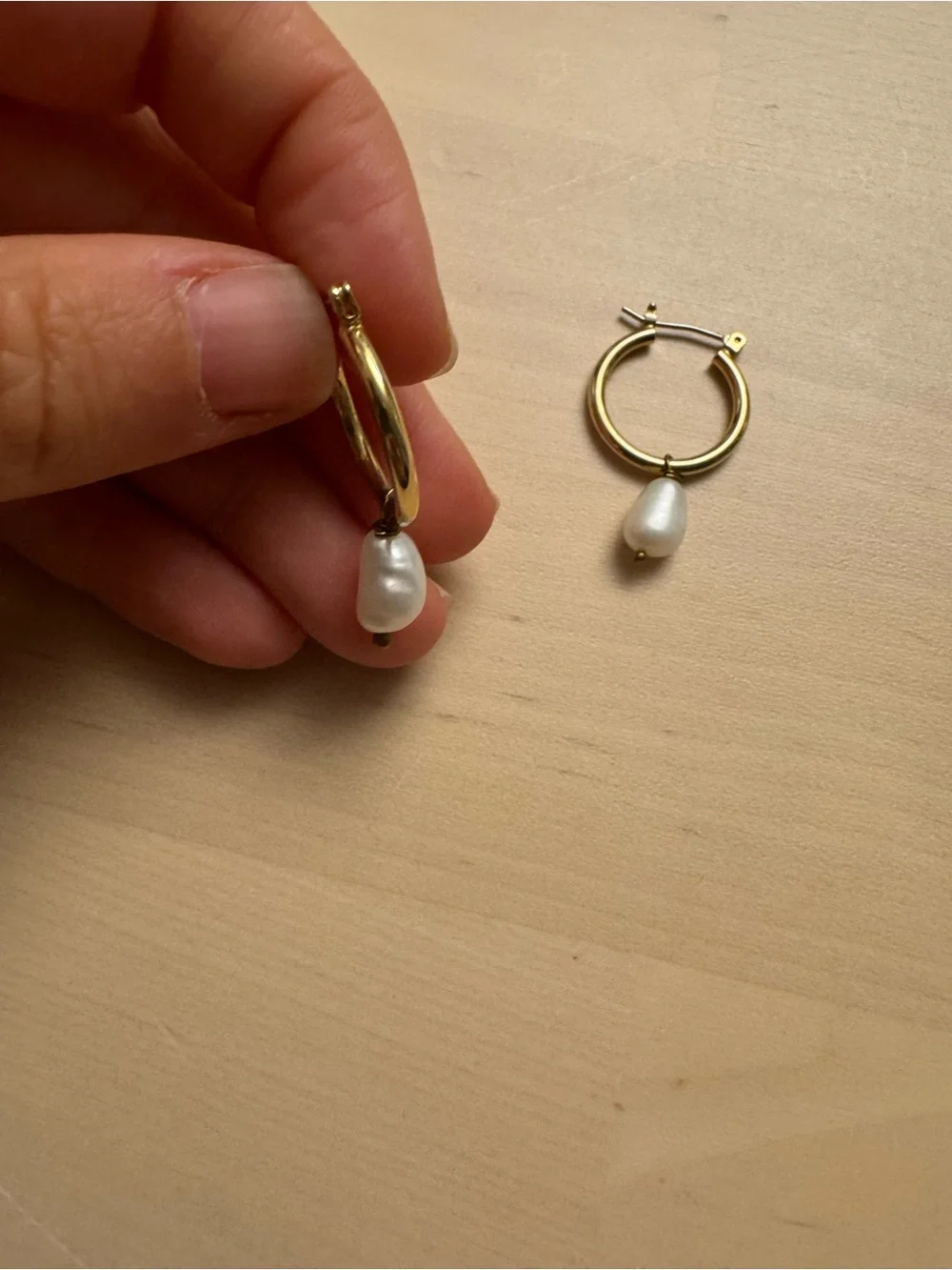Gold Hoop Earrings with White Pearl Drop